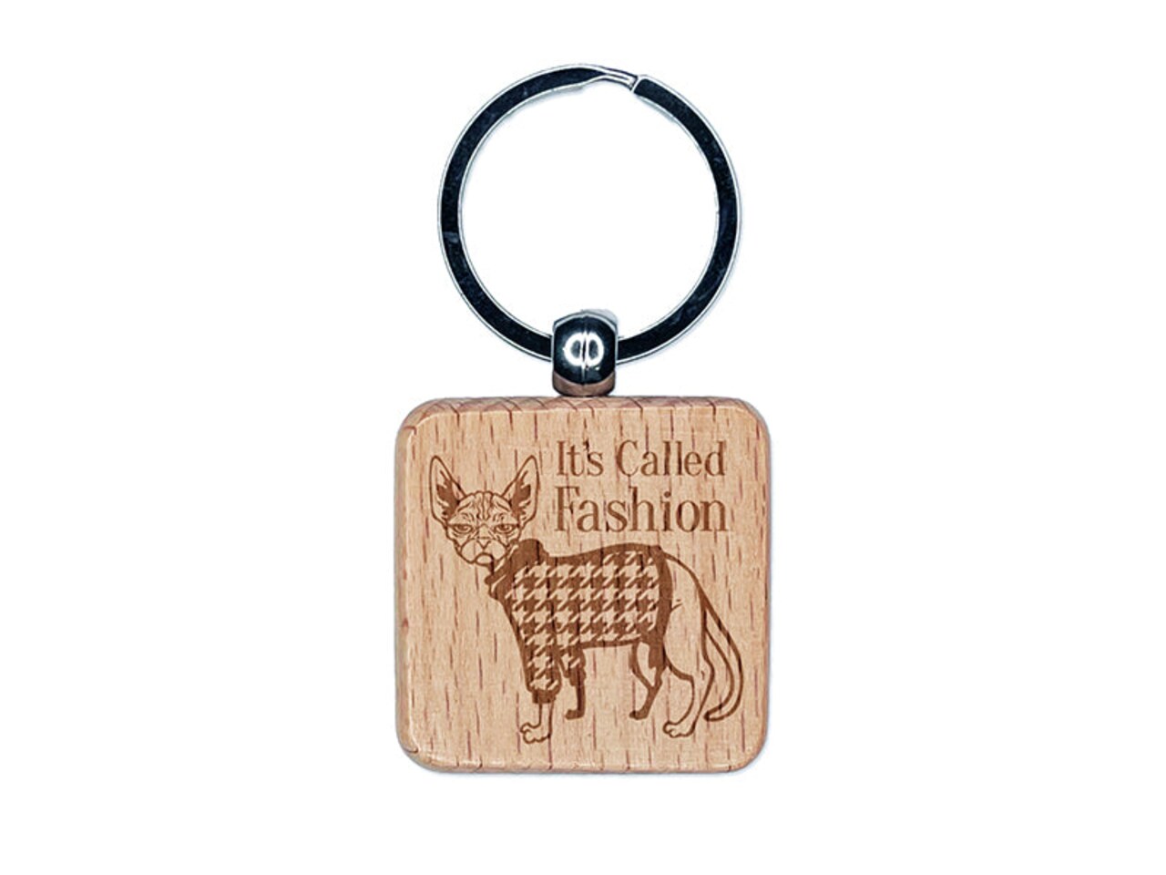 Hairless Sphynx Cat with Fashion Houndstooth Sweater Engraved Wood Square Keychain Tag Charm